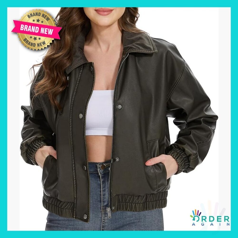 Oversized Faux Leather Moto Jacket Vintage Corduroy Collar Loose Fit Chic